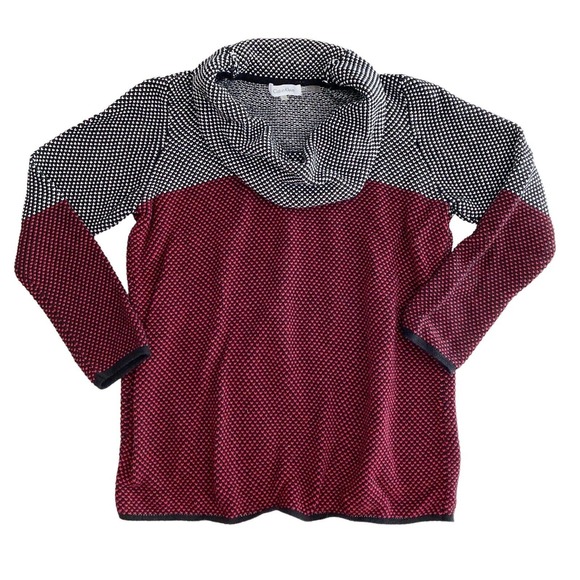 Calvin Klein Womens Large Sweater Cowl Neck Knit Red Blk Color Block Long Sleeve - Picture 1 of 9